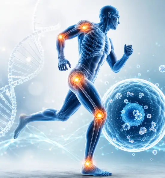 Blue translucent 3D runner with glowing joints and a DNA strand, showing cellular signaling and regenerative medicine options in Hawaii.