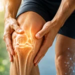 Close-up of a person holding a sore knee with a glowing joint graphic, illustrating orthobiologics regenerative therapy in Pahoa, HI.
