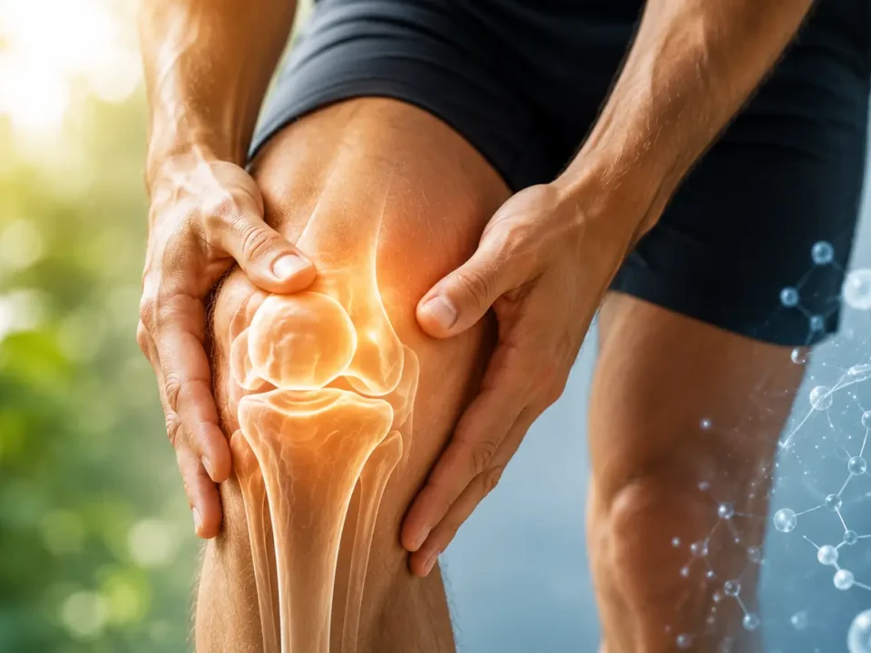 Close-up of a person holding a sore knee with a glowing joint graphic, illustrating orthobiologics regenerative therapy in Pahoa, HI.