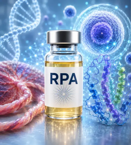 Clear glass vial with an RPA label, surrounded by a DNA strand and cell graphics for advanced regenerative protein arrays in HI.